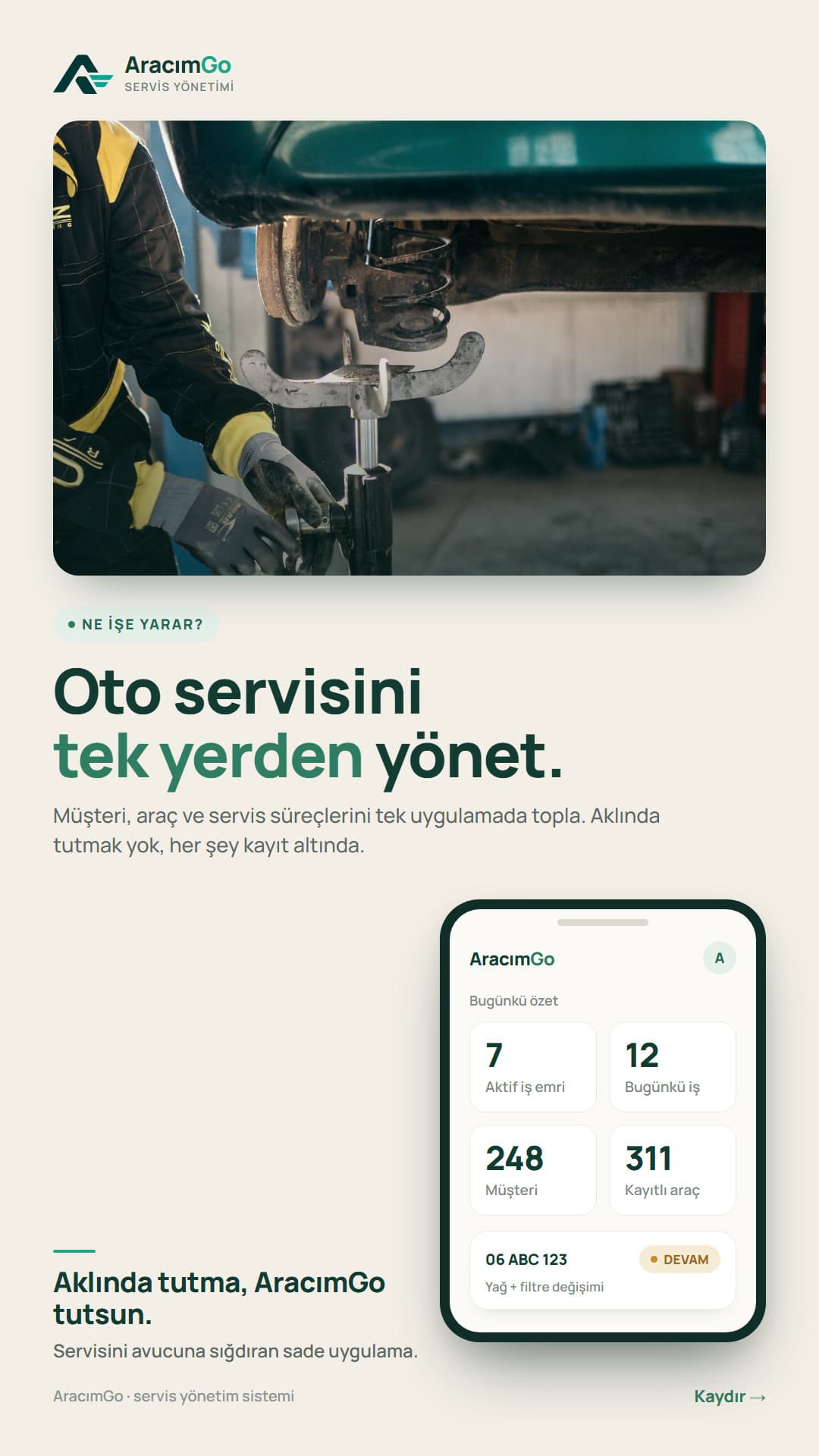 AracımGo — oto servisini tek yerden yönet: günün iş emirleri, müşteriler ve araçlar