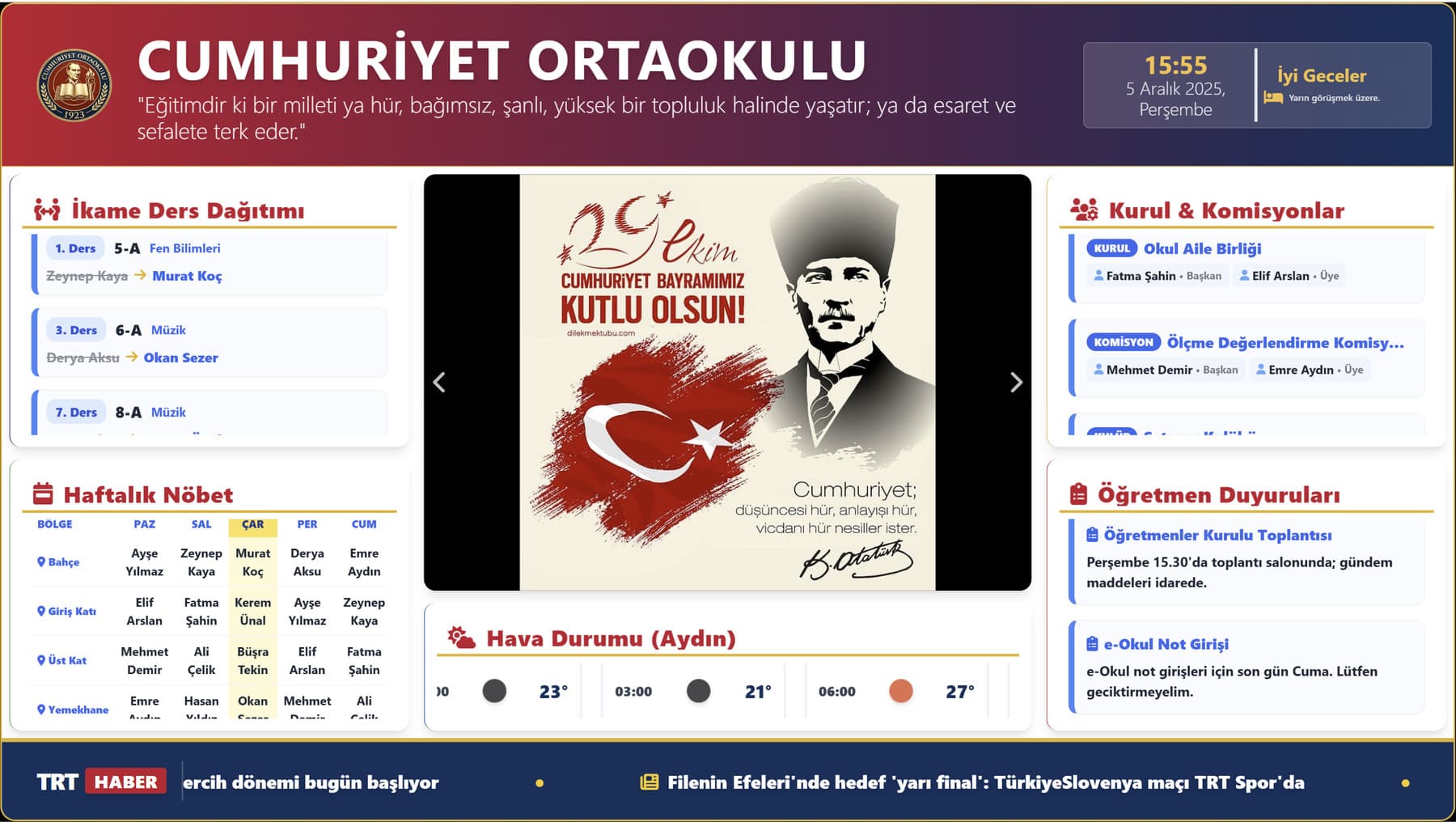 Öğretmenler odası ekranı: ikame planı, zil çizelgesi, haftalık nöbet