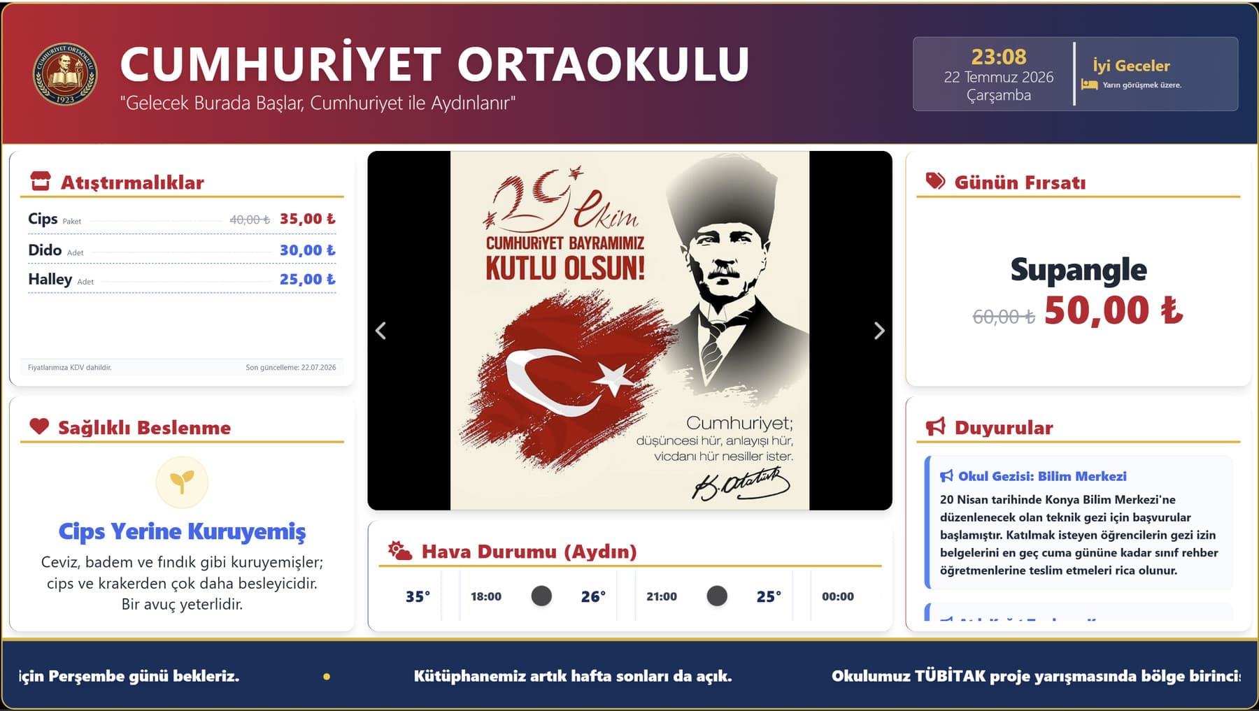 Kantin ekranı: fiyat listesi, günün fırsatı, beslenme kartları