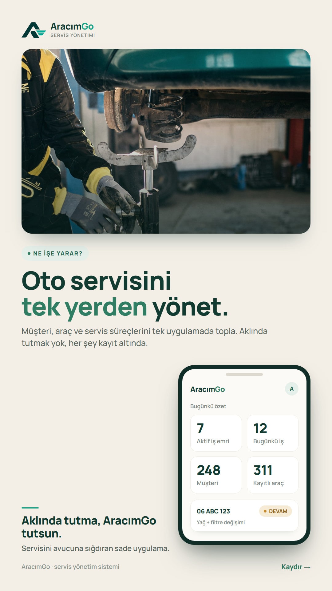 AracımGo — run the service from one place: today's work orders, customers and vehicles